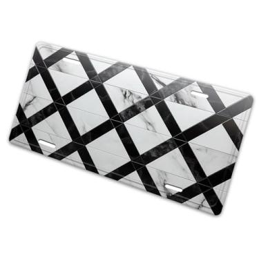 Imagem de Capa de matrícula multicolorida xadrez preta geométrica mármore - etiqueta de carro artística de alumínio, à prova de ferrugem, design exclusivo - 15 x 30 cm