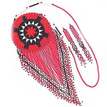 Imagem de Colar de contas feito à mão, estilo nativo americano, colar indiano com contas de sementes, medalhão, vermelho, preto, franja, tartaruga, conjunto de brincos para mulheres, conjunto de medalhão de