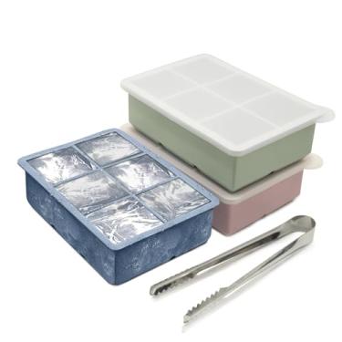 Imagem de Bandejas de gelo para freezer, pacote com 3 - moldes grandes de silicone para cubos de gelo com suporte de cubo de gelo de aço inoxidável, bandejas de gelo quadradas enormes para coquetéis, uísque e
