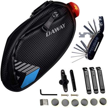 Imagem de DAWAY Kit de reparo de bicicleta A36 com lanterna traseira – Bolsa impermeável para selim de bicicleta, multiferramenta 16 em 1, remendos de tubo de pneu sem cola e alavancas de pneu, pacote completo