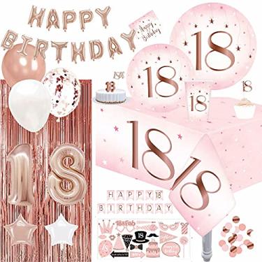 Imagem de Serve 30 | Artigos para festa de aniversário de 18 anos | Tema de folha de ouro rosa | Pratos de papel de jantar de 22,8 cm | Pratos de papel de sobremesa de 18 cm | Copos de 340 g | 60 guardanapos | Balões | Banner | Cortinas de franjas | Velas | Confetes | Topos de bolo | Adereços para fotos | Ide