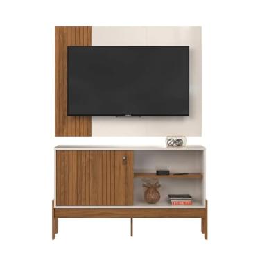 Imagem de Painel para TV até 42 Polegadas com Bancada, 120cm, Estilo Moderno, Branco e Madeira (PEROLA METALIZADO/CINAMOMO MEL)
