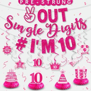 Imagem de PHXEY 25 Peças De Decorações Para 10º Aniversário Meninas - Banner Um Dígito "I'M 10" Rosa Choque Festa Dupla, Decoração Mesa Com Redemoinhos, Centro Em Formato Favo Mel, Kit Suprimentos Cenário Fot