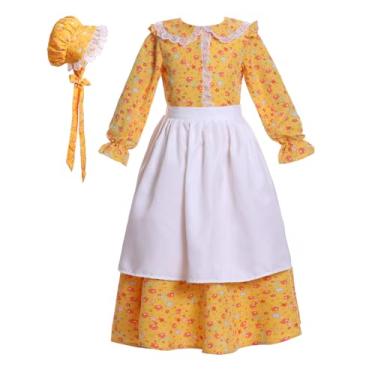 Imagem de Vestidos de pradaria para meninas vestido pioneiro colonial Laura Ingalls Wilder fantasia floral avental bonnet conjunto de 3 peças amarelo