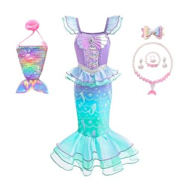 Imagem de e-super Mermaid Princess Dress for Girls Ariel Costume Cosplay Dress Up Flying Sleeve Tutu Dress Slip Dress of Summer (MB15, 7-8T)