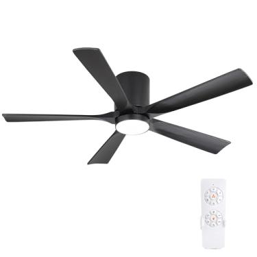 Imagem de ELEHINSER Ventilador De Teto Perfil Baixo 52" Com Luz, 5 Pás Madeira Maciça, 6 Velocidades, Motor Cc Silencioso, Temporizador, Controle Remoto Moderno Embutido Para Sala Estar E Quarto, Preto