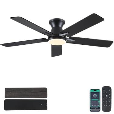 Imagem de Goniyado Ventiladores De Teto Perfil Baixo 52" Com Luzes E Controle Remoto, Motor Silencioso Reversível Preto Para Ambientes Externos, Ventilador Embutido Moderno Luz Sala Estar, Pátio Cozinha