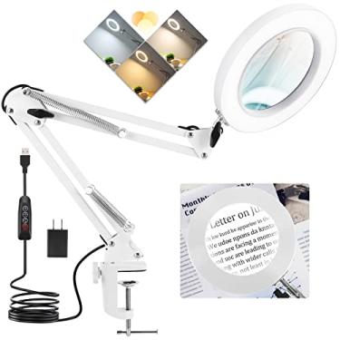 Imagem de Krstlv Lupa 10X Com Luz, Luminária De Mesa Lente Real E Braçadeira, 3 Modos Cor, Regulável Continuamente, Luz Aumento Iluminação Led Suporte Para Leitura, Crafts Close Works - Branco