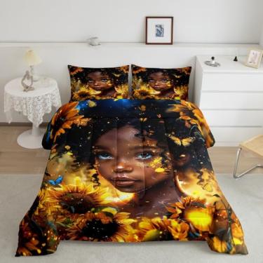 Imagem de meiyoeat Conjunto de edredom para meninas negras, tamanho casal, girassol, estampa floral, respirável, com estampa de flores amarelas, 1 edredom com 2 fronhas