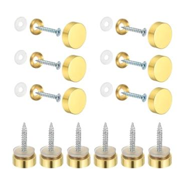 Imagem de YELARXI Parafusos de espelho tampas decorativas de latão prendedores de pregos, acabamento polido de 16 mm adequado para ferragens de publicidade de sinal de espelho (12 peças, ouro)