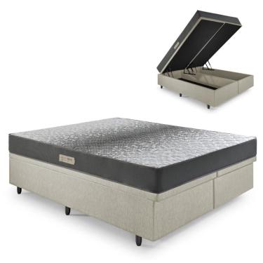 Imagem de Cama Baú Queen 158x198 Courino Linho Areia com Dual Firm Espuma Ecoflex
