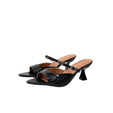 Imagem de MakeMeChic Sandálias femininas de verão de couro PU bico fino com tiras elegantes de salto alto, Preto, 38