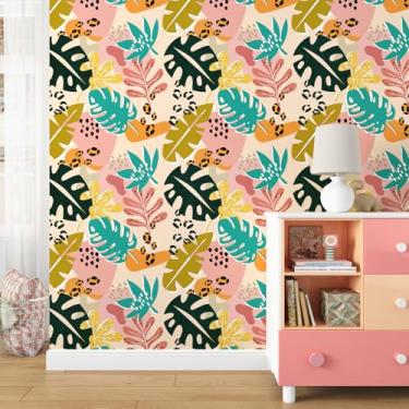 Imagem de Mangoloo Papel de parede tropical multicolorido vintage removível floral descascar e colar papel de parede boho rosa papel de parede botânico folha de palmeira murais para banheiro quarto armário 44,5
