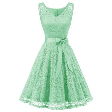 Imagem de Dressystar Vestido de festa de dama de honra de renda floral feminino curto gola V, A - menta, 3G