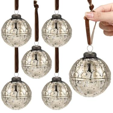 Imagem de Threan 6 peças de enfeites de Natal grandes vintage de vidro mercúrio 8 cm enfeites de bola de Natal pendurados em relevo antigo para decoração de guirlanda de árvore de Natal (ouro champanhe, gravado