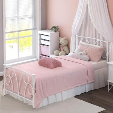 Imagem de Elephance Moldura de cama de solteiro com cabeceira, estrutura de cama de plataforma de metal com espaço de armazenamento de 30,48 cm sem necessidade de mola (branca)