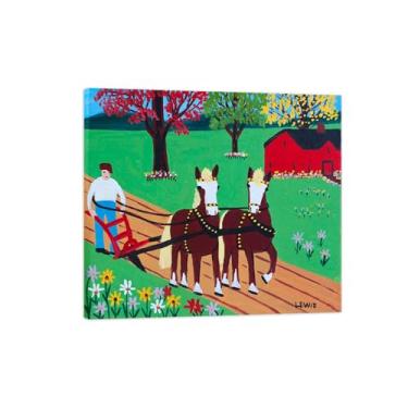 Imagem de Maud Lewis Impressão de arte de parede em tela - Imagem de arte em tela com moldura de madeira - arado de mola - reprodução de pintura de paisagem pôster para casa 40 x 44 cm 16 x 17 polegadas
