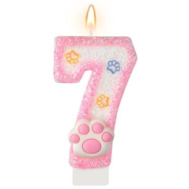Imagem de AKURIEEY Vela de aniversário de 7 anos para cães e gatos, números rosa, 7 velas, enfeite de bolo de pata, decorações de cupcake para decoração de festa com tema de animais de estimação, artigos de