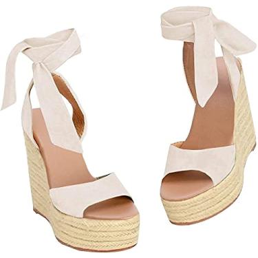 Imagem de Liyuandian Sandália feminina plataforma alpargata anabela bico aberto salto alto com tira no tornozelo e fivela, Bege, 9.5