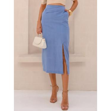Imagem de Saia Midi de Linho com Fenda Lateral, Pala Sofisticada e Bolsos Discre