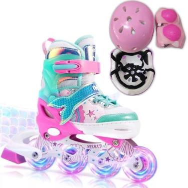 Imagem de Patins Inline Infantil Roxo Sereia Com Protecao Roller De 4 Rodas Reto