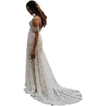 Imagem de Elmass Vestidos de casamento Boho de renda com decote coração para noiva com mangas destacáveis, cauda boêmia vestidos de baile, marfim, 8 AU