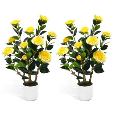 Imagem de Howngyesimu Pacote com 2 camélias artificiais, 6 m, árvore falsa, camélia, florescendo, planta para primavera, casa, porta da frente, decoração interna, amarela