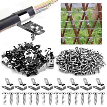 Imagem de HKATOPS 100 peças de grampos de arame de aço inoxidável para cerca de aço inoxidável com 100 parafusos de aço inoxidável para fio soldado de calibre 2-6 para cerca de madeira, metal ou vinil (100