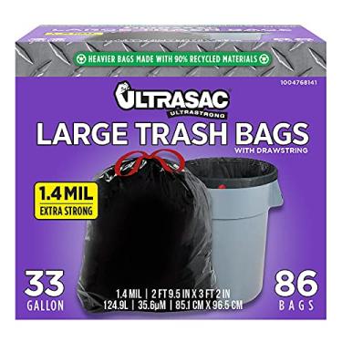 Imagem de Ultrasac Sacos de lixo pretos grandes e resistentes com cordão, 33 galões, 1,4 MIL, 85 cm x 96,5 cm - Pacote com 86 - para casa, comercial, construção e exterior