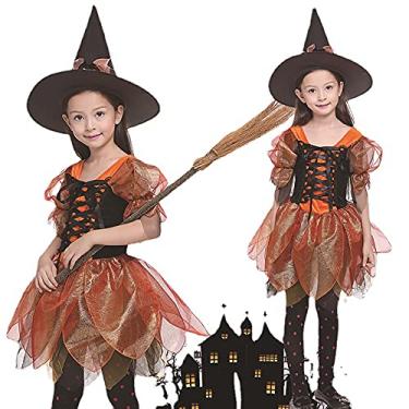 Imagem de JIFRE Fantasia infantil de bruxa laranja para Halloween, fantasia de Halloween para meninas (7 a 8 anos)