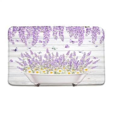 Imagem de JOFKAXU Tapete de banho floral roxo lavanda borboleta libélula rústica prancha de madeira lilás planta vintage fazenda jardim botânico decoração country tapete de banho tapete de chão