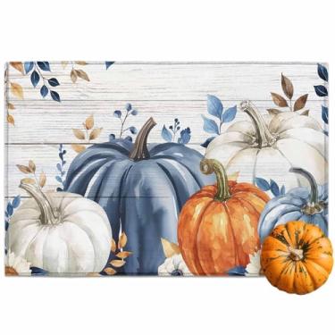 Imagem de Decorações de outono para casa, tapete de porta frontal de abóbora, entrada interna, capacho antiderrapante de folha de eucalipto, tapete absorvente laranja de grão de madeira para Ação de Graças,