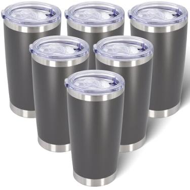 Imagem de AIANJI Copo de 590 ml de aço inoxidável a granel com tampa isolado a vácuo parede dupla caneca de café de viagem copo revestido em pó para bebidas quentes e frias (cinza, pacote com 6)