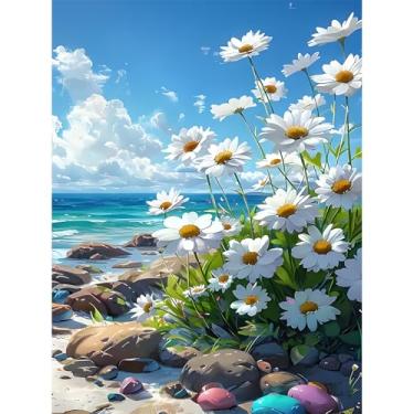 Imagem de Huacan Kits de pintura por números para adultos iniciantes sem moldura, faça você mesmo, margaridas, desenho em tela, kit de pintura acrílica feito à mão com 4 pincéis 40,6 x 50,8 cm