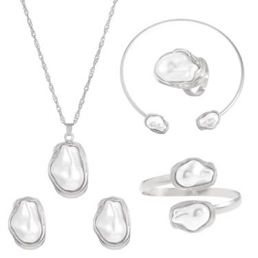 Imagem de Lssfadccx Conjunto de 5 peças de joias de pérolas, colar de gargantilha e brincos, conjunto de joias de fantasia de pérola irregular para presente de festa de aniversário de casamento, one size