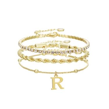 Imagem de Pulseiras de ouro para mulheres – Conjunto de joias de pilha de pulseiras de ouro delicadas com iniciais personalizadas, linda caixa de corda, corrente de corrente, pulseiras de tênis, presentes para