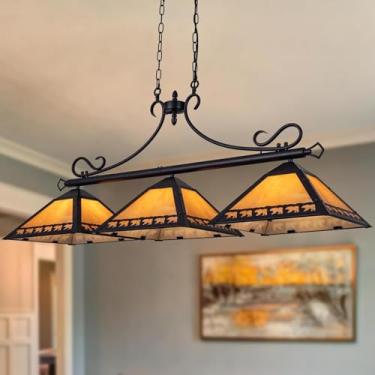 Imagem de TOCHIC Luz de mesa de sinuca, 3 luzes de mesa de bilhar e bilhar Tiffany, lustre de casa de fazenda de 125,7 cm para sala de jantar, luminária rústica com urso para mesas de 2,7 m, sala de jogos