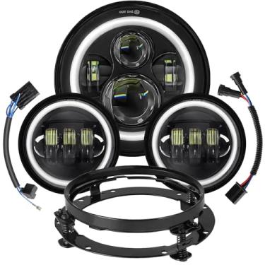 Imagem de kekykm Farol de LED para motocicleta de 11,4 cm para Harley Street Glide Road King Road King Tri Tour Softail Deluxe Heritage Classic Fat Boy Models Black DRL Halo Ring Angel Eye