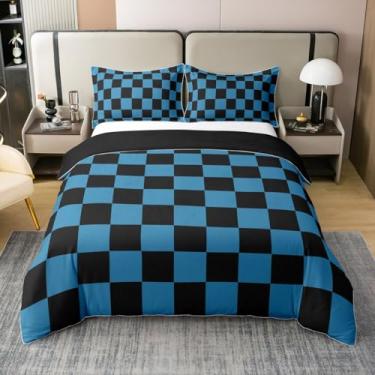 Imagem de Jogo de cama xadrez para adolescentes, mulheres, homens, azul, preto, xadrez, 100% algodão, capa de edredom casal para crianças, meninos, meninas, retrô, neutro, quadriculado, geométrico, vintage