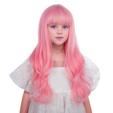 Imagem de Edivd Peruca infantil rosa pastel longa rosa claro com franja plana para crianças, peruca longa ondulada encaracolada para meninas, cabelo sintético resistente ao calor com touca