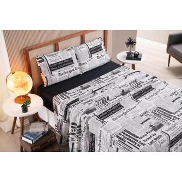 Imagem de Jogo de Lençol Casal Queen 3 Peças Jornal Roupa de Cama Percal 100% Al
