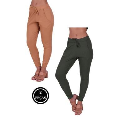 Imagem de Kit 2 Calça Jogger Canelada Inverno Feminina Comfy Vera BEGE E VERDE -