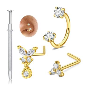 Imagem de MODRSA Anéis de nariz dourados 20 g argola de nariz de ferradura para mulheres de aço cirúrgico sapato de cavalo tragus cartilagem brinco argolas hélice joia dupla piercing de narina joia borboleta 3