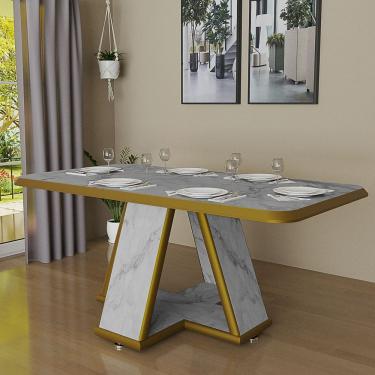 Imagem de Mesa De Jantar Retangular 160x90 6 Lugares Estilo Marmorizado Moderno Com Bordas Douradas