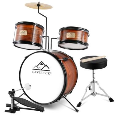 Imagem de EASTROCK Conjunto de bateria infantil, 3 peças de 35,5 cm para baterista, iniciante, conjunto de bateria para crianças de 5 a 7 anos com trono ajustável, prato, pedal, baquetas (de madeira)
