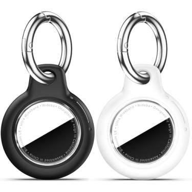 Imagem de Pacote com 2 Airtags de suporte à prova d'água com chaveiro Apple AirTag, capa rígida para PC AirTag, suporte antiarranhões e choques, chaveiros e chaveiros masculinos femininos - preto + branco
