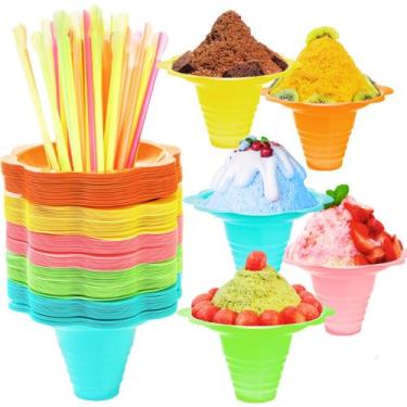 Imagem de Copos de cone de neve ZENFUN Colorful Flower com canudos de colher 120