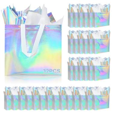 Imagem de ZIFTY 32 sacos de presente iridescentes com alças, sacos de presente reutilizáveis não tecidos a granel com papel de seda holográfico para Natal, aniversário, casamento, Páscoa, lembrancinhas de festa