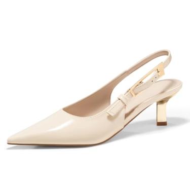 Imagem de Coutgo Sapatos femininos de salto gatinho fechados bico fino com fivela e tira de fivela para festa de casamento, Branco creme, 40