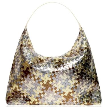 Imagem de JINMANXUE Sacola de tecido para mulheres, bolsas de tecido com bolsa pequena, alça superior trançada grande Hobo Satchel, Curry e metálico, 15.7" W x 5.3" D x 11.8" H